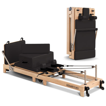 Hlpmedical Powertrain Selina Pilates Reformer Machine with wooden frame, jumpboard, sitting box, black finish for home gym use
