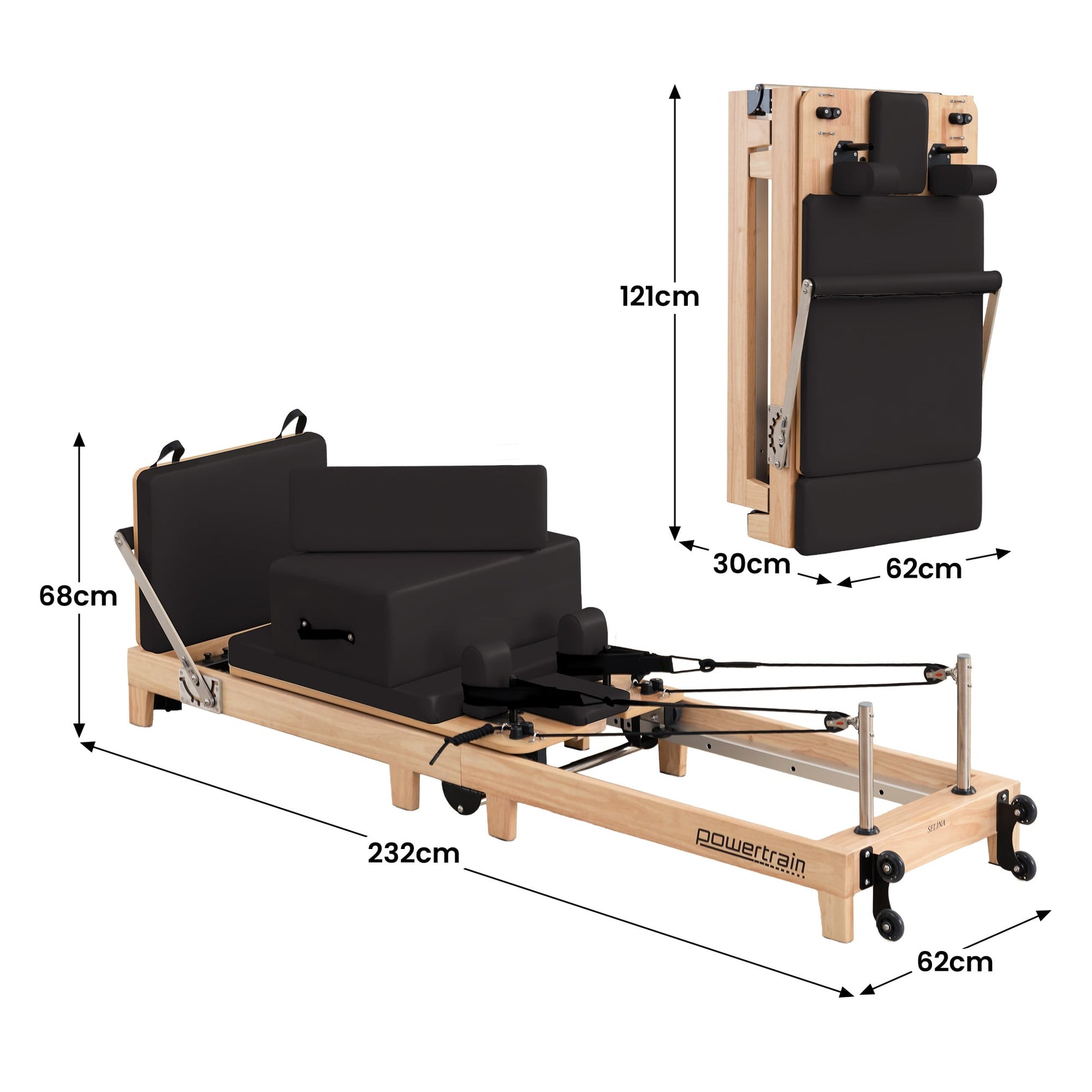 Hlpmedical Powertrain Selina Pilates Reformer Machine with wooden frame, jumpboard, and sitting box, black finish, for home gym fitness.