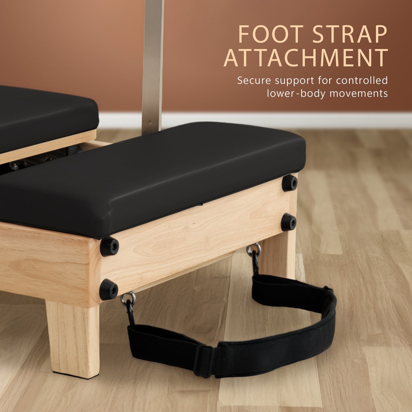 Hlpmedical Powertrain Selina Pilates Reformer machine with wooden frame, jumpboard, sitting box, in black finish for home Pilates workouts