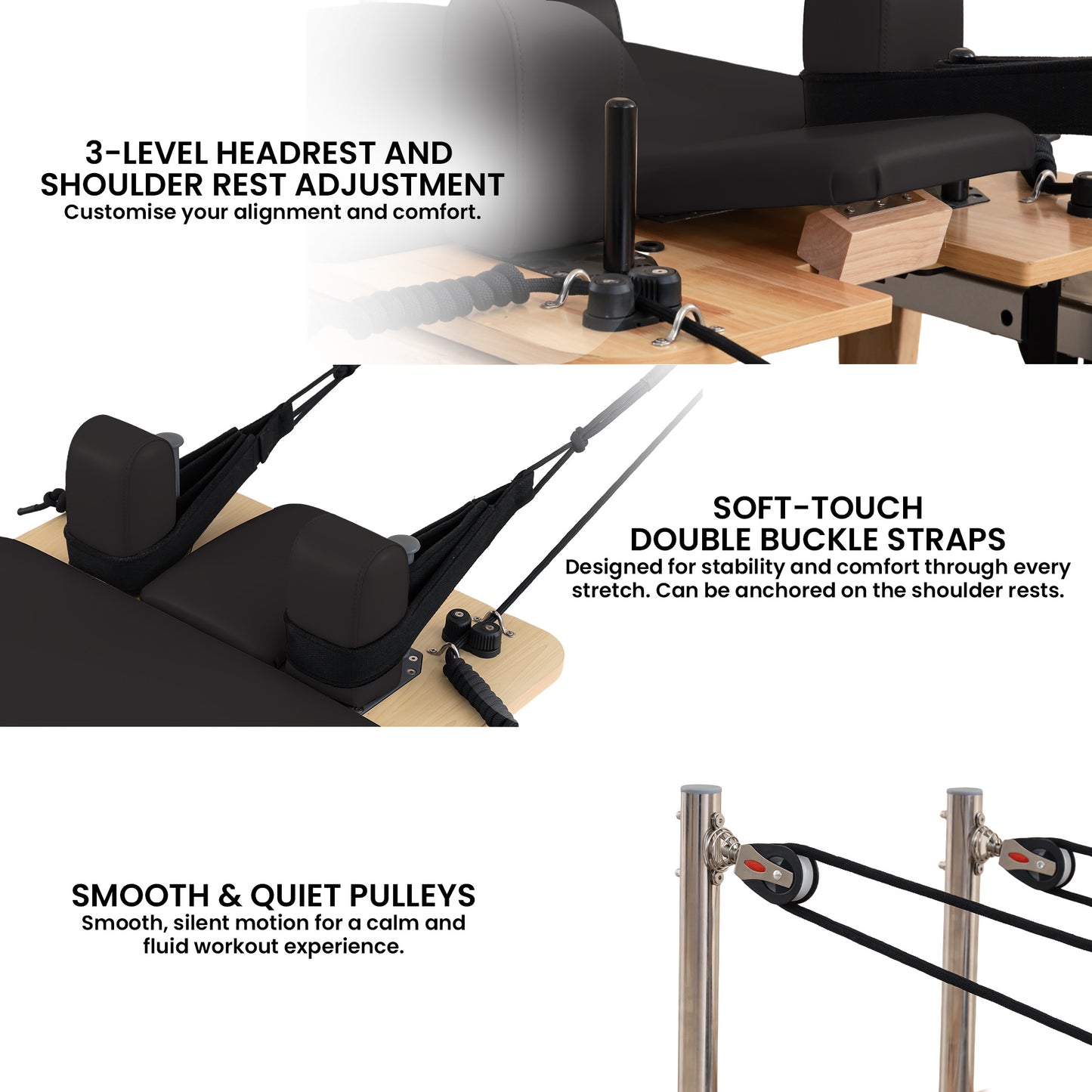 Hlpmedical Powertrain Selina Pilates Reformer Machine in oak black with wooden frame, jumpboard, and sitting box for home gym workouts.
