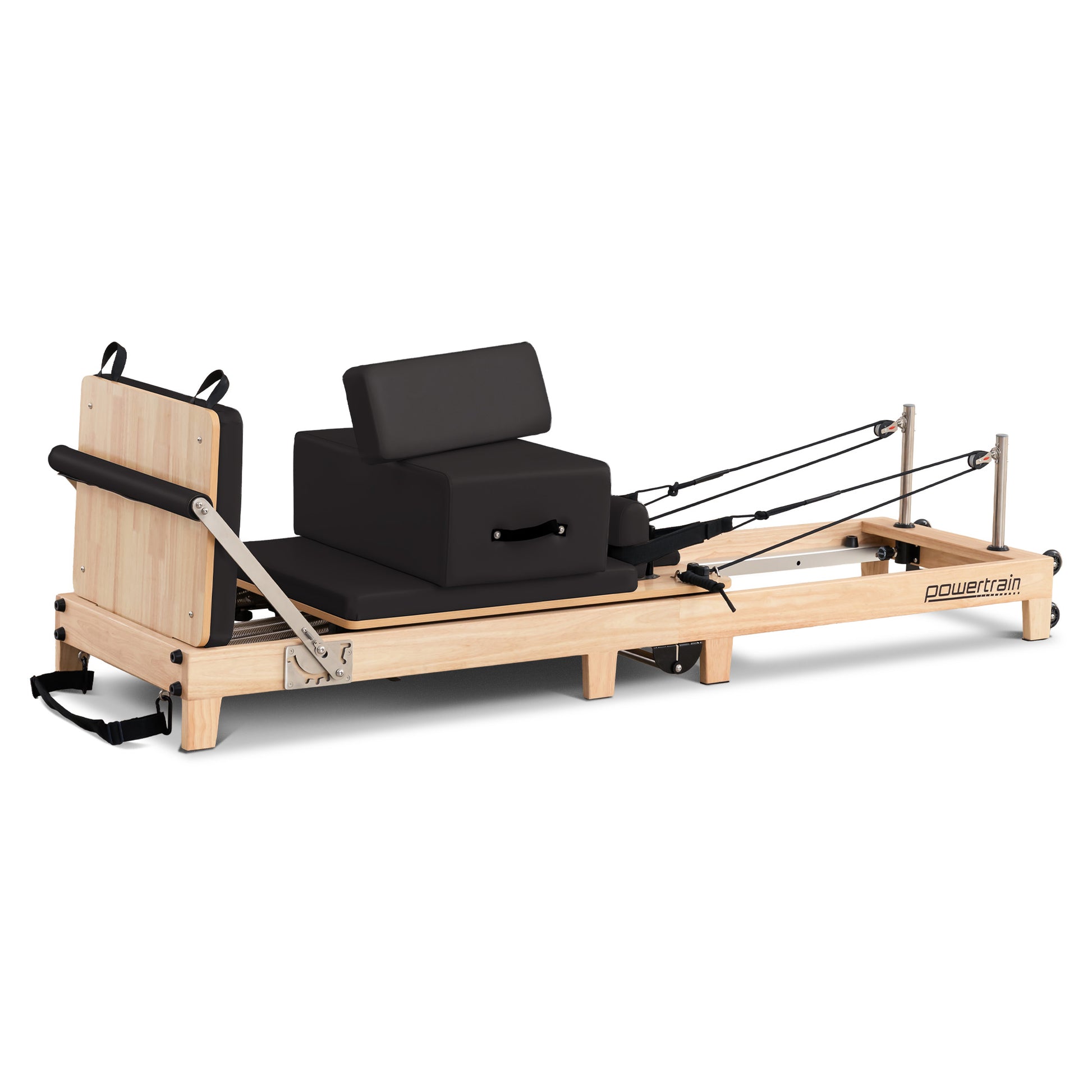 Hlpmedical Powertrain Selina Pilates Reformer Machine with wooden frame, jumpboard, sitting box, black finish for home fitness.