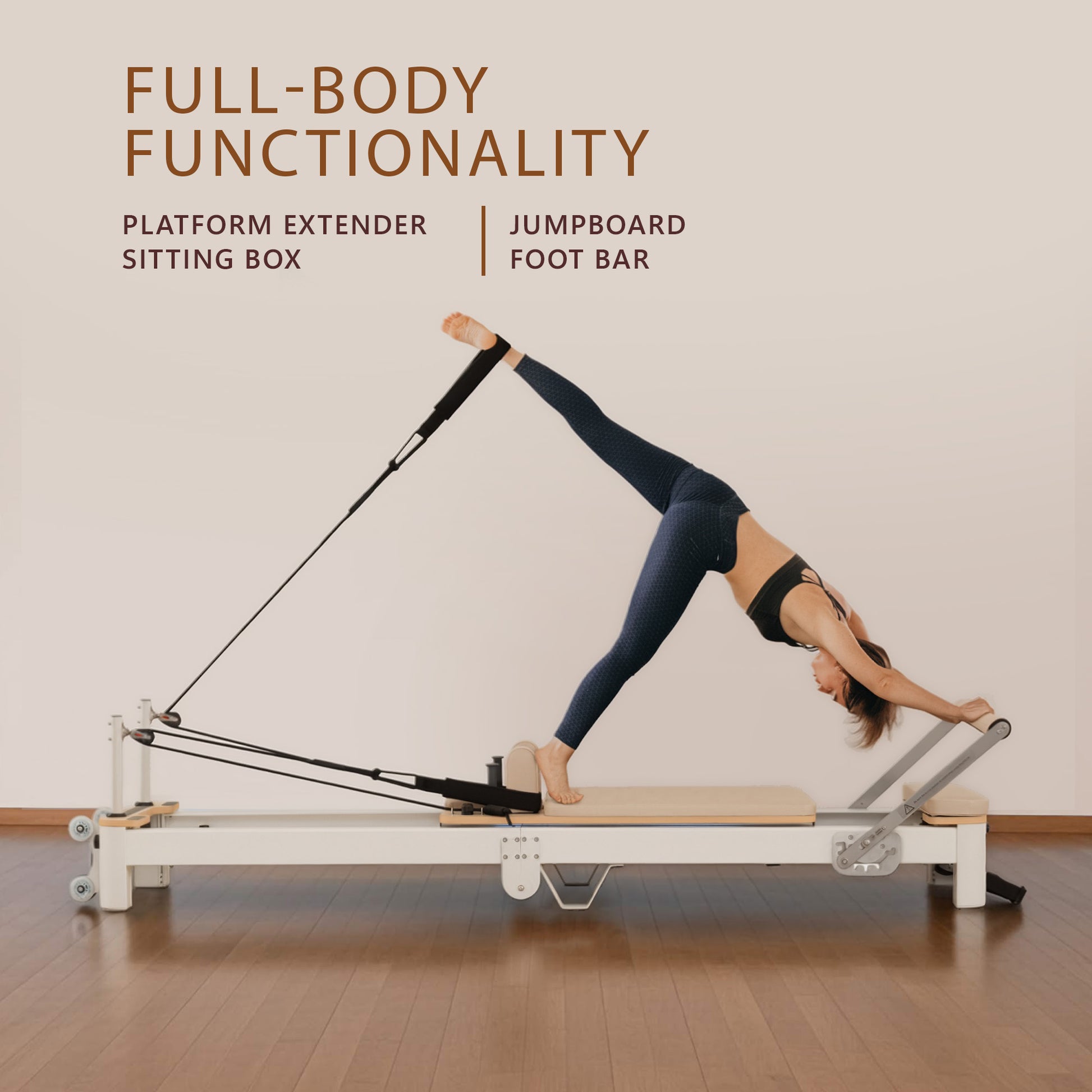Hlpmedical Powertrain Velora beige aluminium foldable Pilates reformer and core exercise board with footbar for full-body home workouts