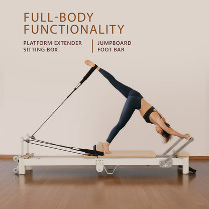Hlpmedical Powertrain Velora beige aluminium foldable Pilates reformer and core exercise board with footbar for full-body home workouts