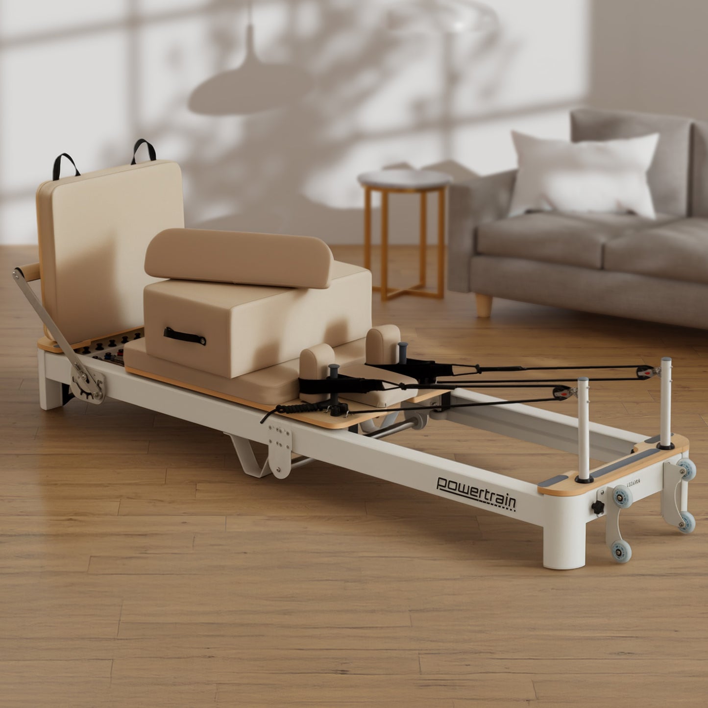 Hlpmedical Powertrain Velora beige aluminium foldable Pilates reformer with core exercise attachments, sitting box, and footbar for full-body workouts