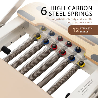 Hlpmedical Powertrain Velora beige aluminium foldable Pilates reformer with core exercise accessories and footbar for full-body workouts.