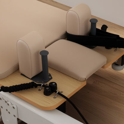 Hlpmedical Powertrain Velora beige aluminium foldable Pilates reformer with core exercise board, footbar, and sitting box for full-body workouts