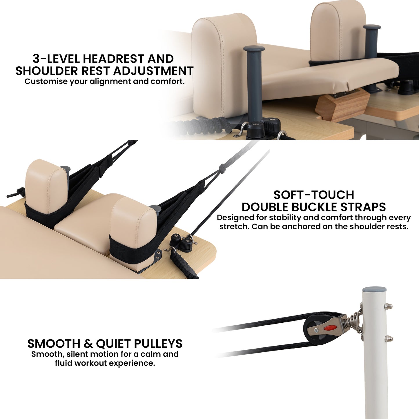 Hlpmedical Velora beige aluminium foldable Pilates reformer board with footbar, jumpboard, and core exercise set for full-body workouts