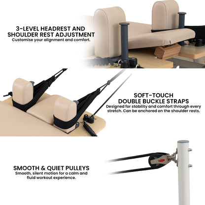 Hlpmedical Velora beige aluminium foldable Pilates reformer board with footbar, jumpboard, and core exercise set for full-body workouts