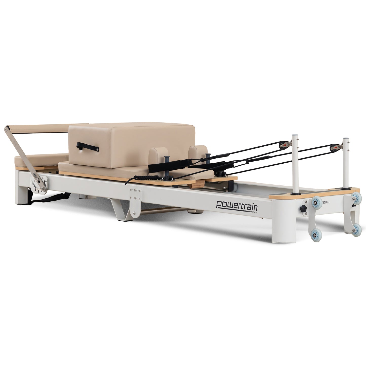 Hlpmedical Velora beige aluminium foldable Pilates reformer with core exercise board, footbar, and sitting box for full-body workouts.