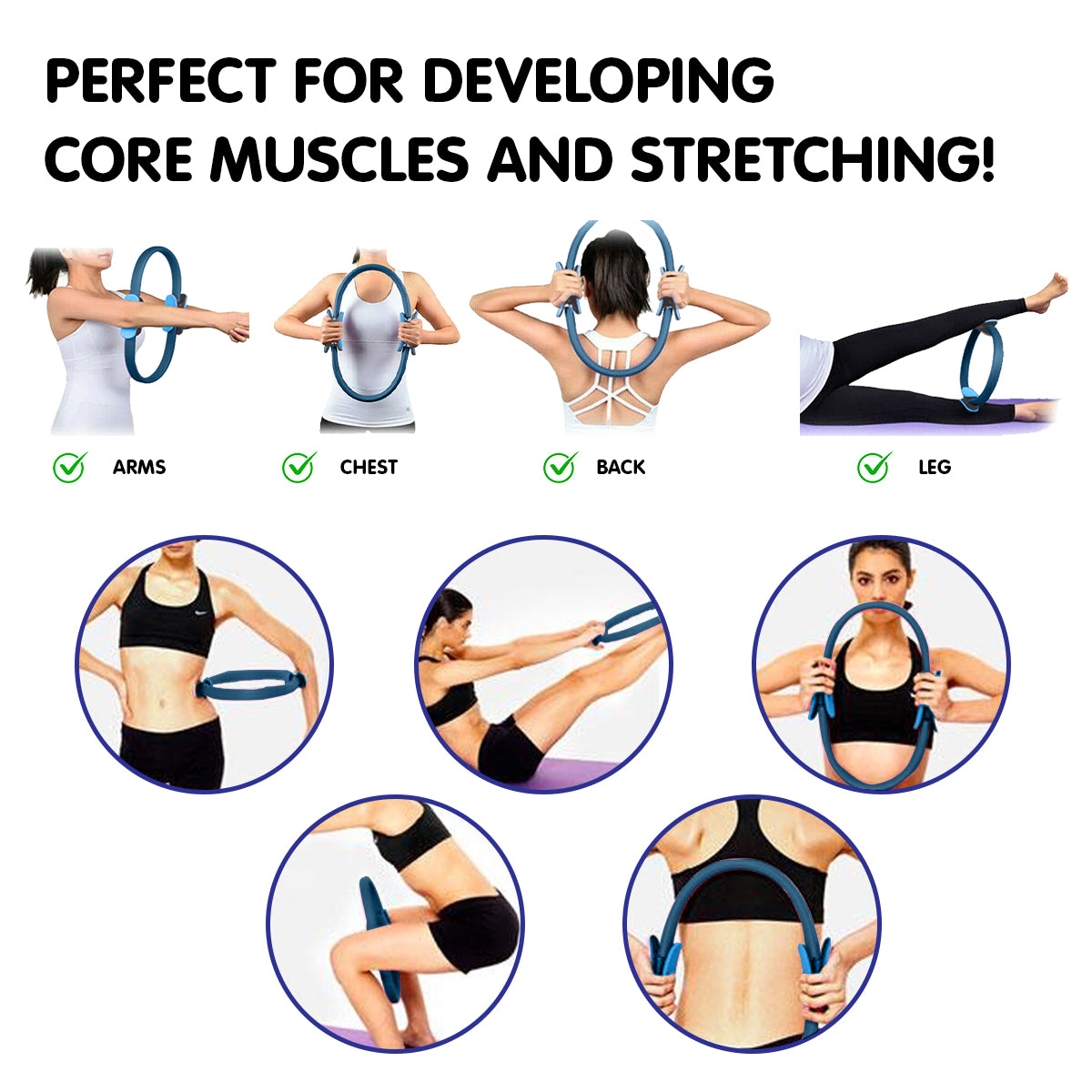 Blue Powertrain Pilates ring band for yoga and home workouts, exercise fitness band by Hlpmedical, shown in use.