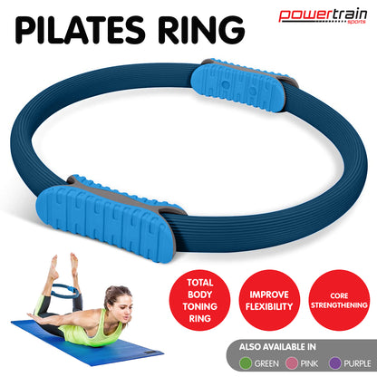 Blue Powertrain Pilates ring band for yoga and home workouts, designed to enhance strength and flexibility during fitness routines.