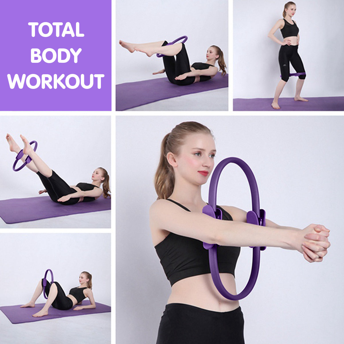 Hlpmedical Powertrain Pilates Ring Band in purple for yoga and home workouts, demonstrating flexible exercise equipment for fitness routines.