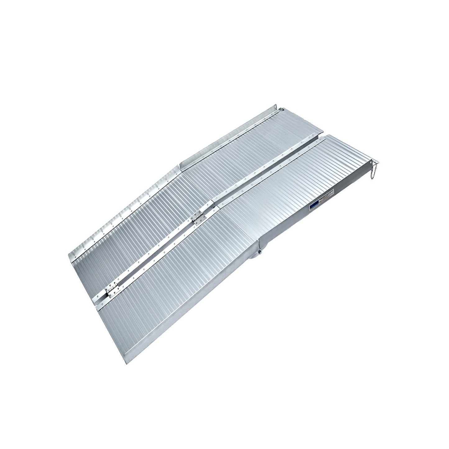 Silver Kartrite 4ft aluminium foldable wheelchair ramp with non-slip surface, designed for easy vehicle loading and mobility assistance.