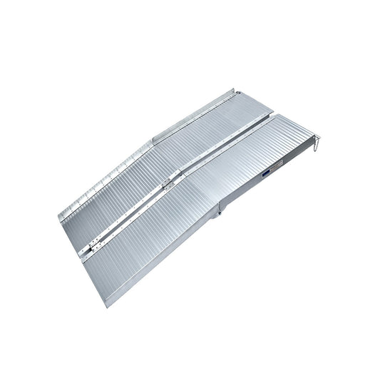 Silver Kartrite 4ft aluminium foldable wheelchair ramp with non-slip surface, designed for easy vehicle loading and mobility assistance.