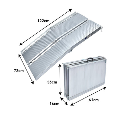 Silver Kartrite 4ft aluminium foldable wheelchair ramp with non-slip surface, designed for easy vehicle and home accessibility.