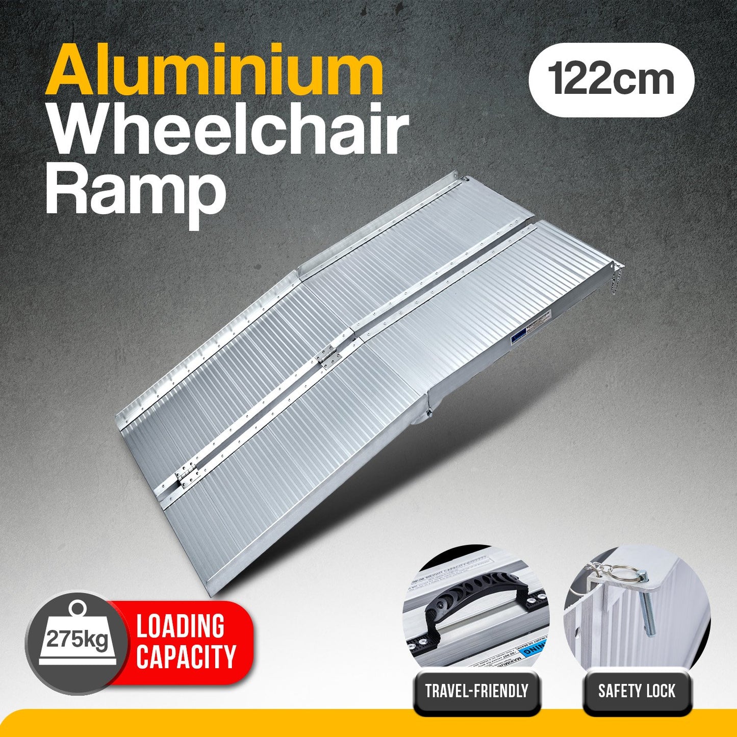 Silver Kartrite 4ft aluminium foldable wheelchair ramp with non-slip surface, designed for easy loading and vehicle accessibility.