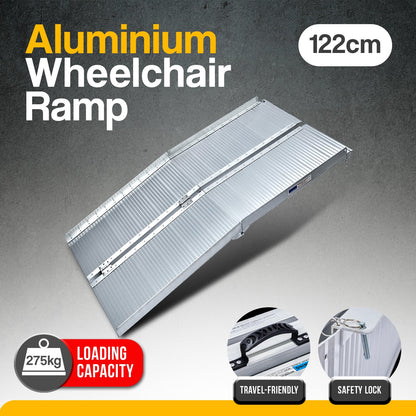 Silver Kartrite 4ft aluminium foldable wheelchair ramp with non-slip surface, designed for easy loading and vehicle accessibility.