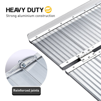 Silver Kartrite 4ft aluminium foldable wheelchair ramp with non-slip surface, ideal for automotive loading and accessibility.