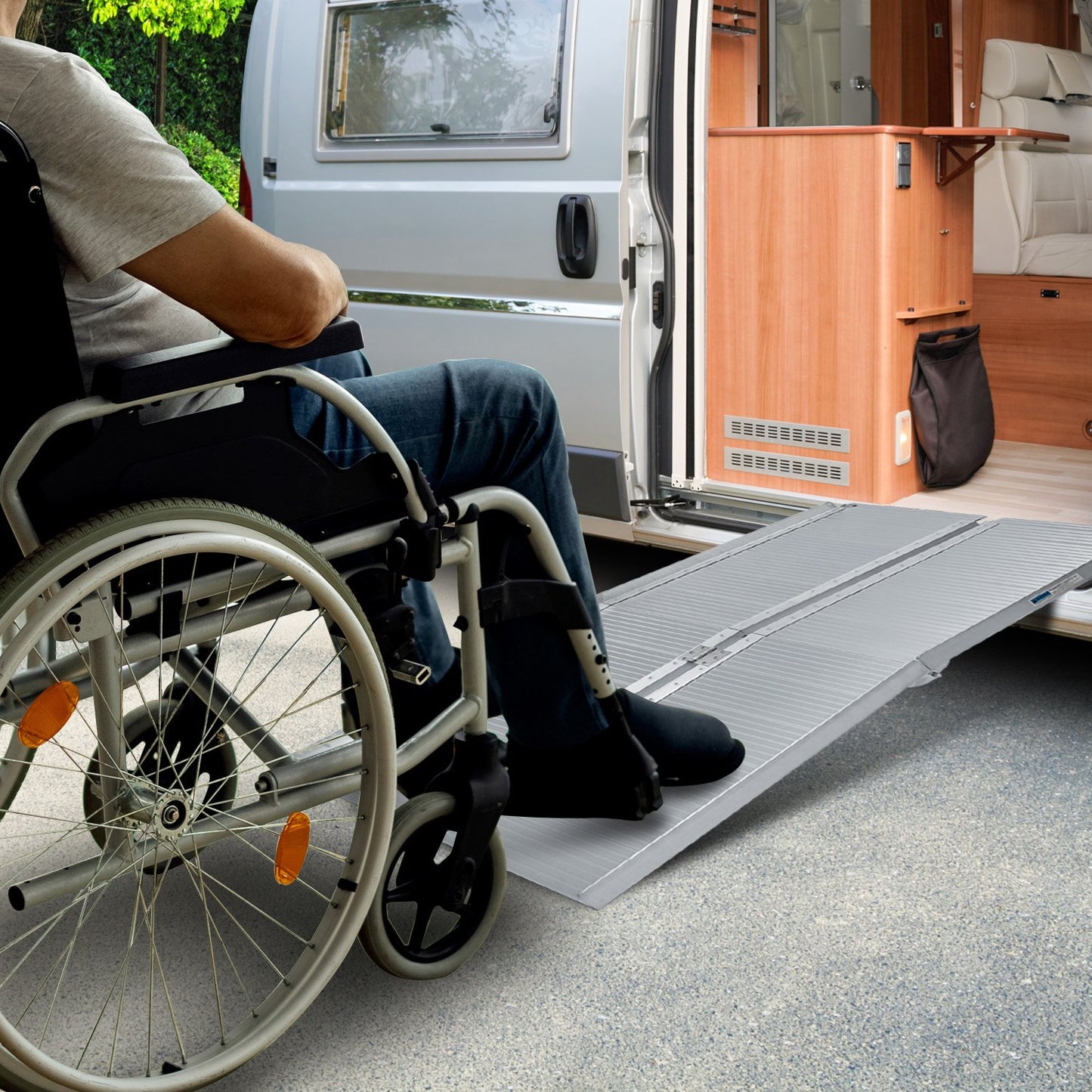 Silver Kartrite 4ft aluminium foldable wheelchair ramp by Hlpmedical, non-slip surface for easy access and loading.