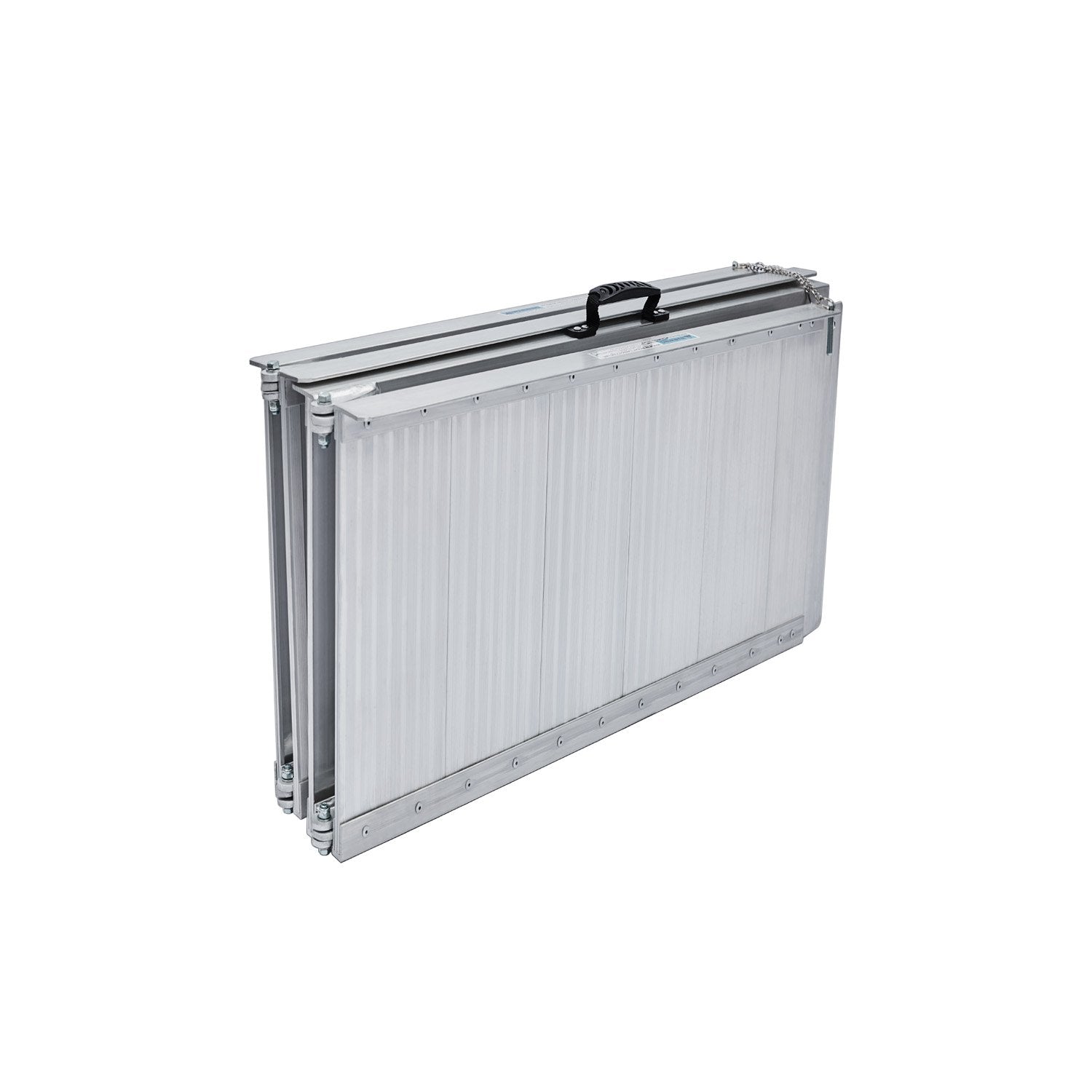 Silver 4ft Kartrite aluminium foldable wheelchair ramp with non-slip surface, designed for easy automotive loading and accessibility.