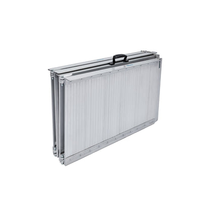 Silver 4ft Kartrite aluminium foldable wheelchair ramp with non-slip surface, designed for easy automotive loading and accessibility.