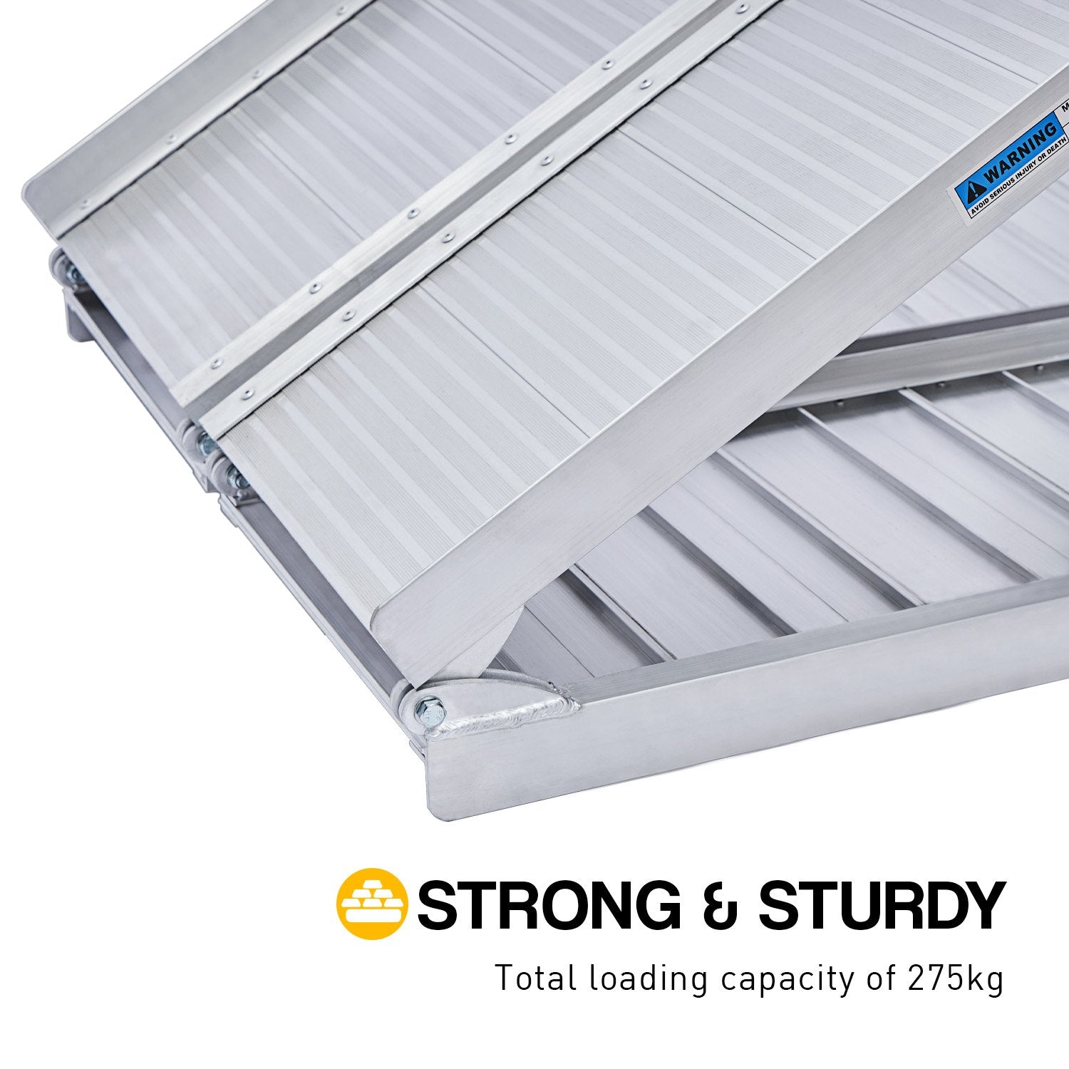 Silver 5ft Kartrite aluminium foldable wheelchair ramp with non-slip surface, designed for easy loading and vehicle access.
