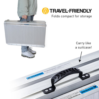 Silver Kartrite 5ft aluminium foldable wheelchair ramp with non-slip surface, designed for easy access and loading.