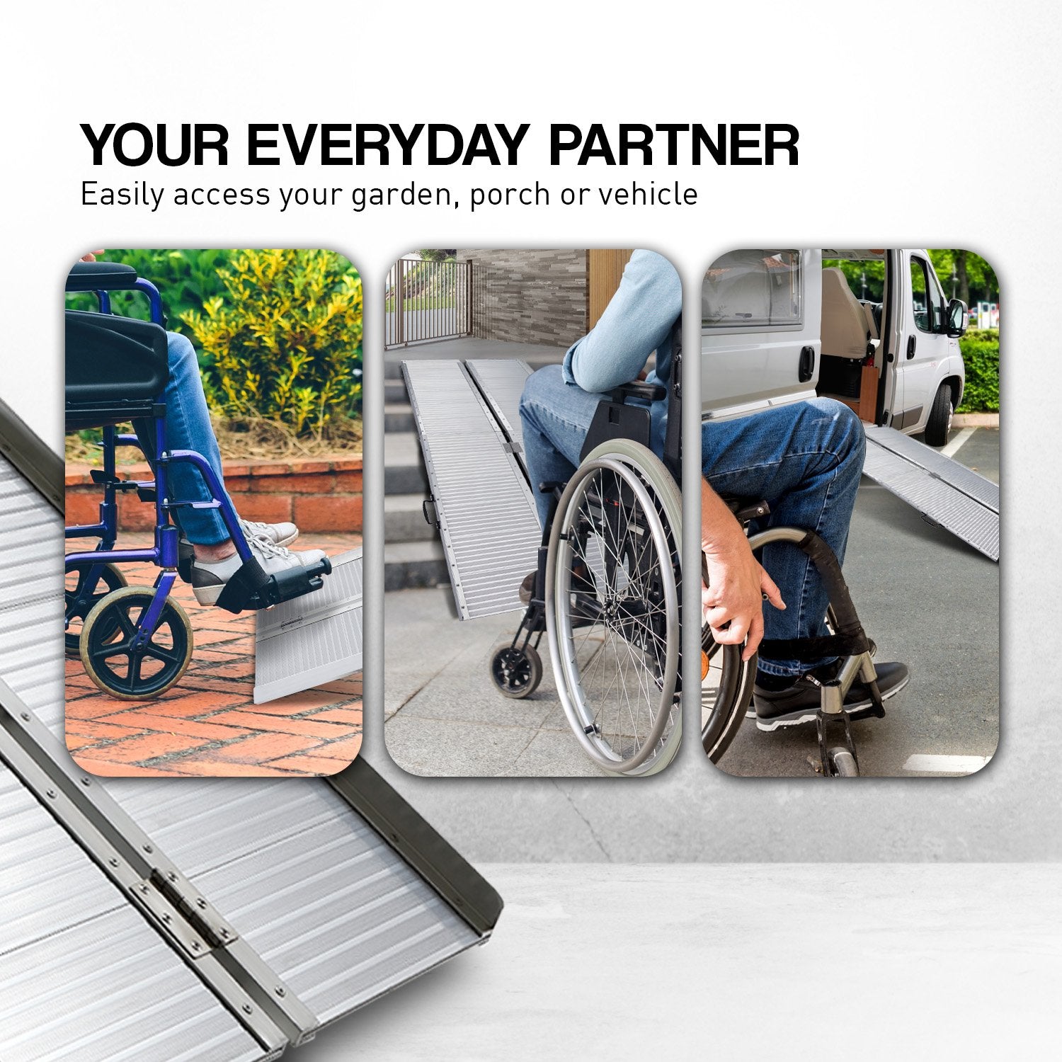 Silver Kartrite 5ft aluminium foldable wheelchair ramp with non-slip surface, designed for automotive loading and accessibility.