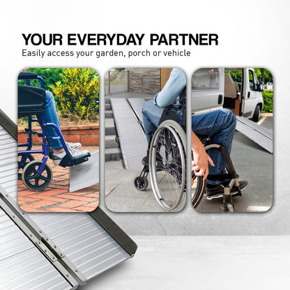 Silver Kartrite 5ft aluminium foldable wheelchair ramp with non-slip surface, designed for automotive loading and accessibility.