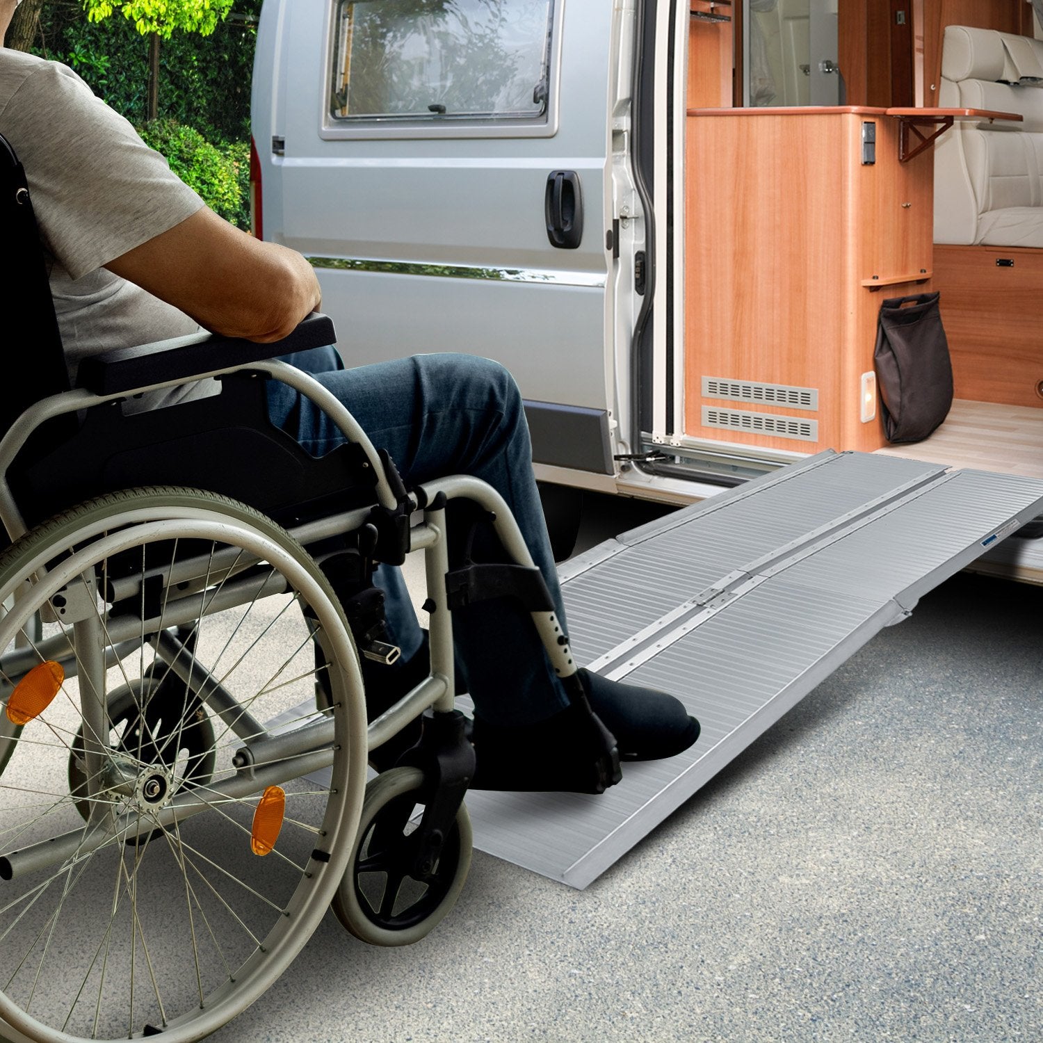 Silver Kartrite 5ft aluminium foldable wheelchair ramp with non-slip surface, designed for automotive loading and accessibility.