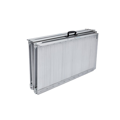 Silver Kartrite 5ft aluminium foldable wheelchair ramp by Hlpmedical with non-slip surface for easy vehicle access.