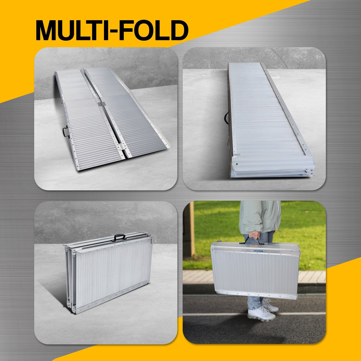 Hlpmedical Kartrite 5ft aluminum foldable wheelchair ramp with non-slip surface in silver, designed for automotive loading accessibility.