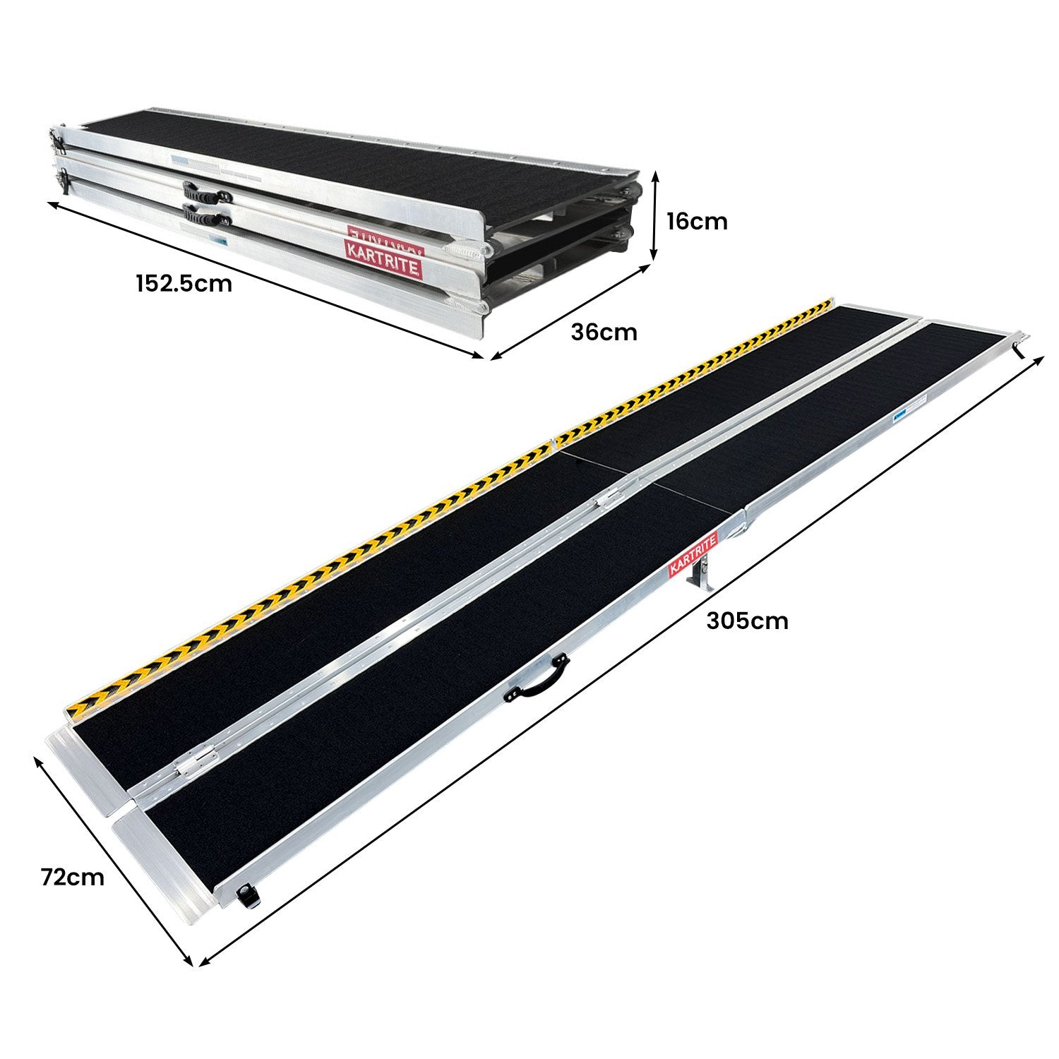 Hlpmedical Kartrite 10ft folding aluminium wheelchair ramp for portable pet and mobility access, shown in a folded position.