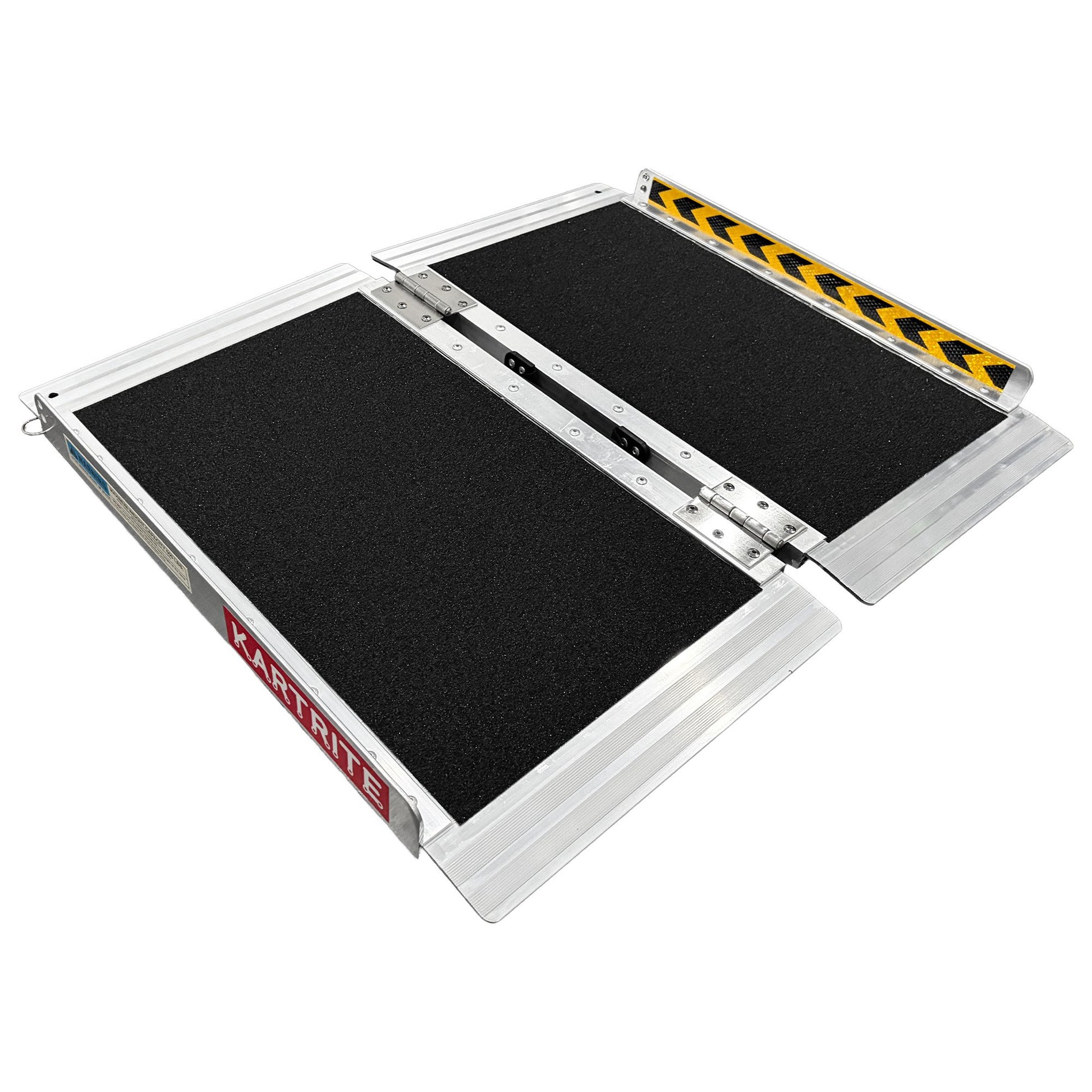 Hlpmedical Kartrite aluminium wheelchair ramp with high grip surface, safety side rails, locking pin, and carry handle for easy mobility.