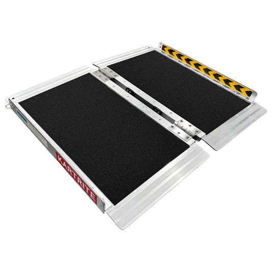 Hlpmedical Kartrite aluminium wheelchair ramp with high grip surface, safety side rails, locking pin, and carry handle for easy mobility.