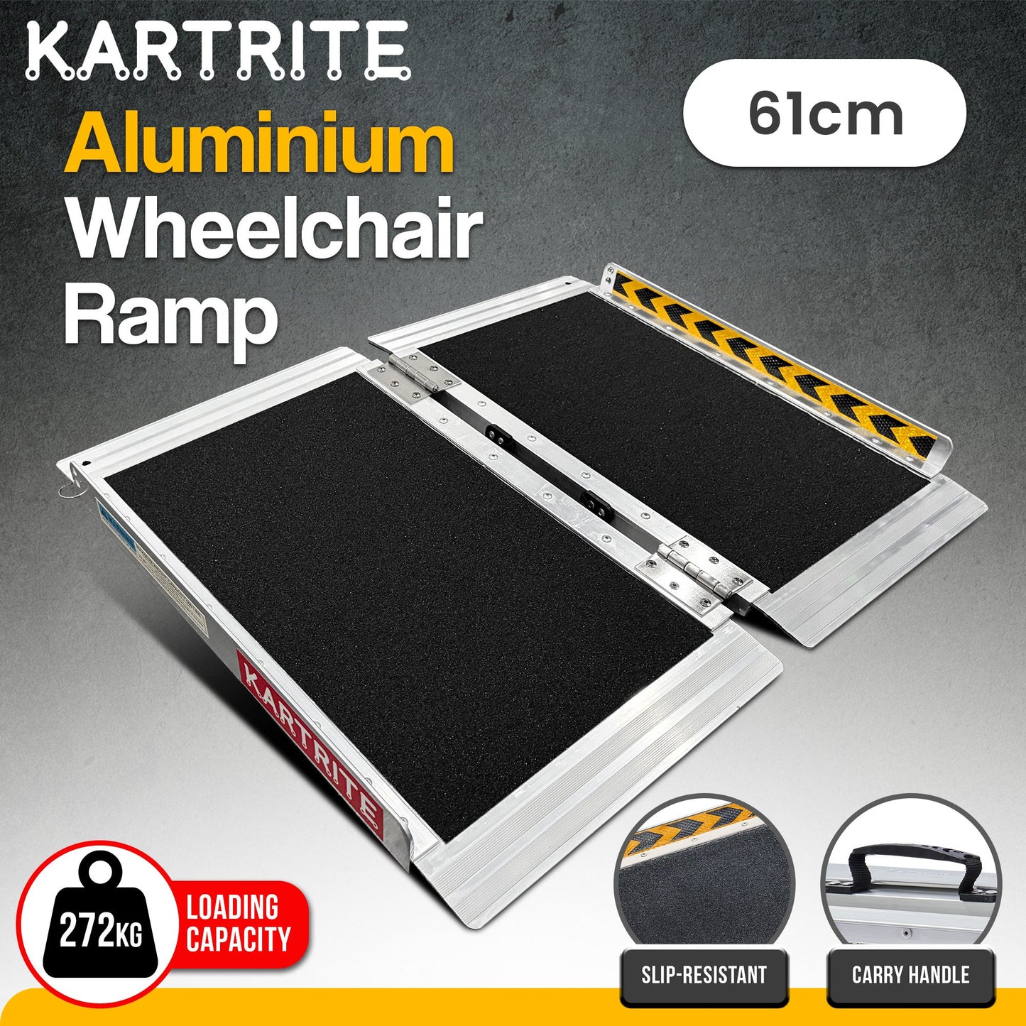 Hlpmedical Kartrite aluminium wheelchair ramp, 2ft with high grip surface, safety side rails, locking pin, and carry handle.