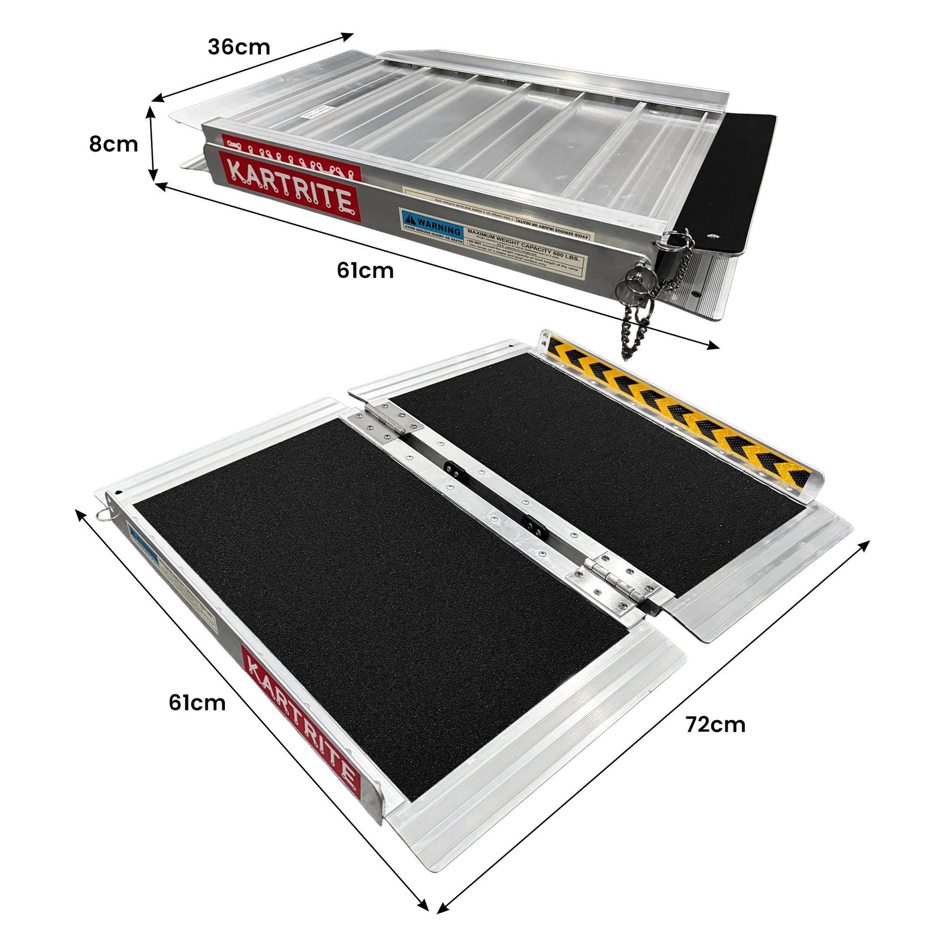 Hlpmedical Kartrite aluminium 2ft wheelchair ramp with high grip surface, safety side rails, locking pin, and carry handle.