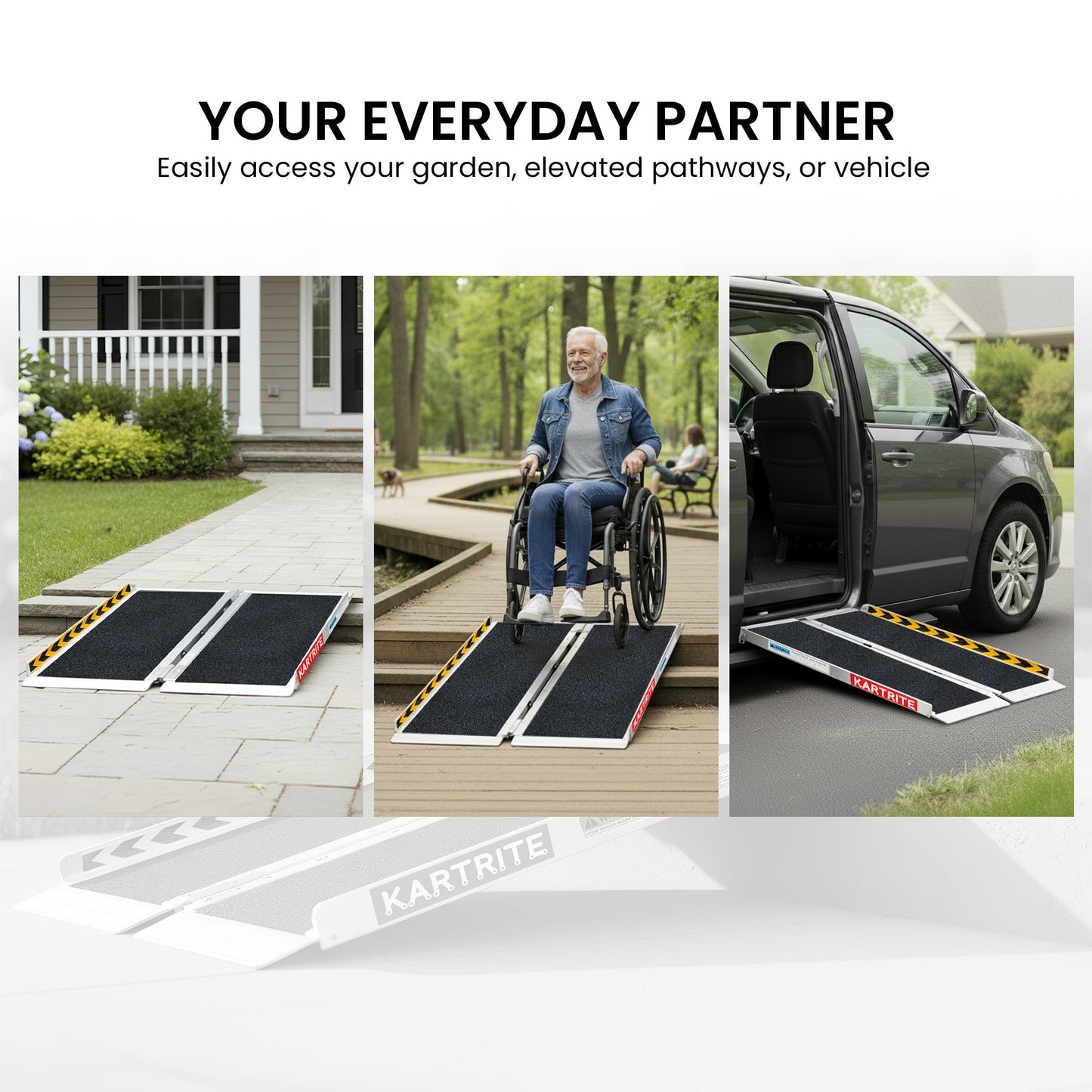 Hlpmedical Kartrite aluminium 2ft wheelchair ramp with high grip surface, safety side rails, locking pin, and carry handle for mobility.