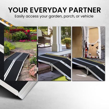 Hlpmedical 8ft folding aluminium wheelchair ramp for mobility aid, suitable for pets and wheelchair access, with textured surface for grip.