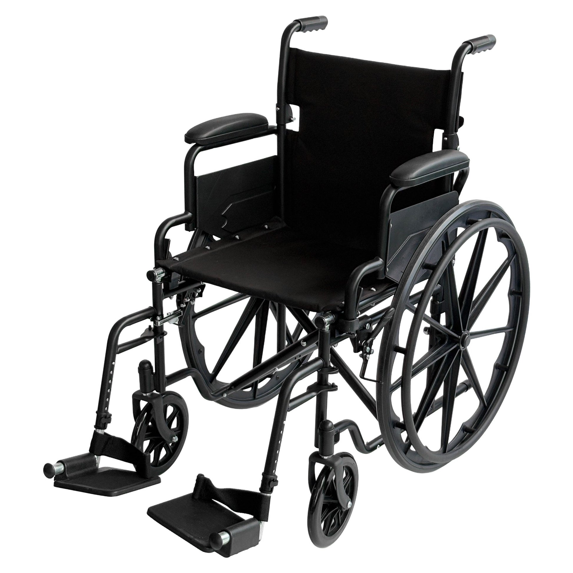 Black Orthonica steel wheelchair with foldable frame, 24-inch wheels, adjustable footrest, lightweight portable disability aid from Hlpmedical.