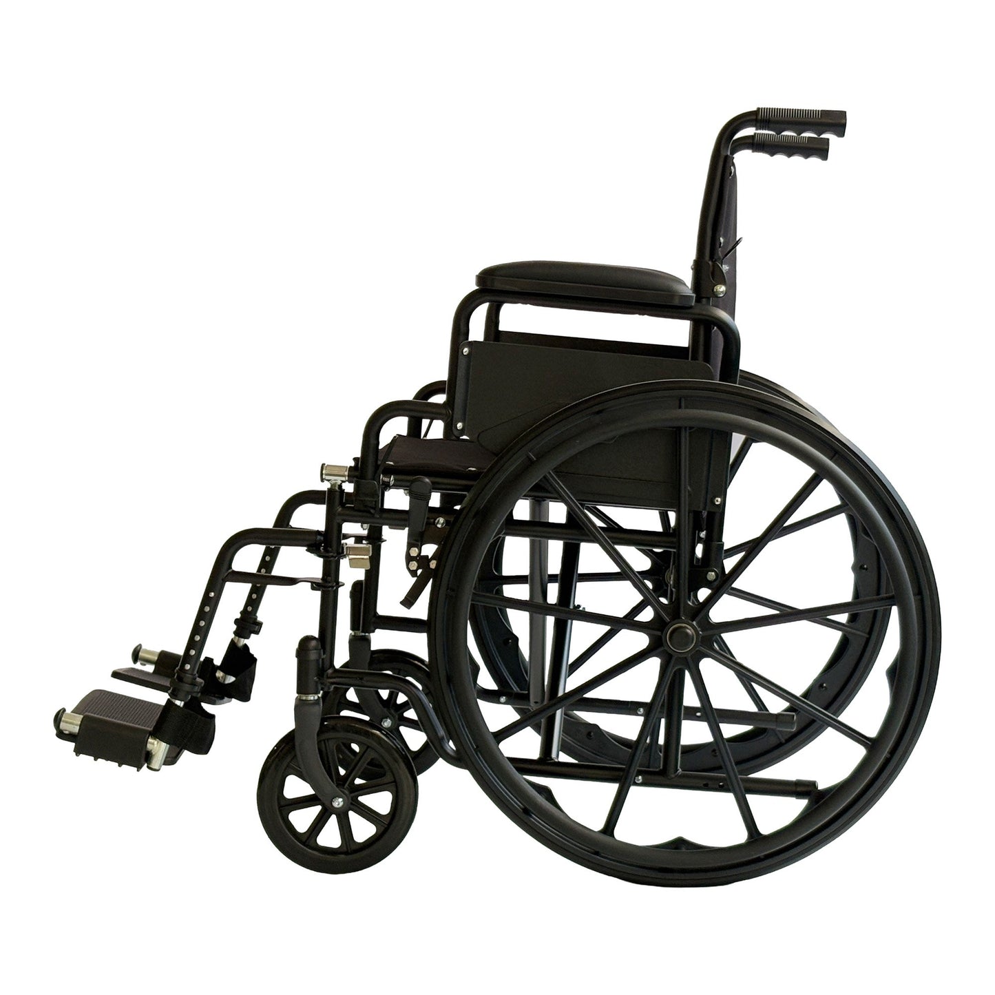 Black foldable Orthonica steel wheelchair with adjustable footrest, lightweight frame, portable disability aid, 24-inch wheels.
