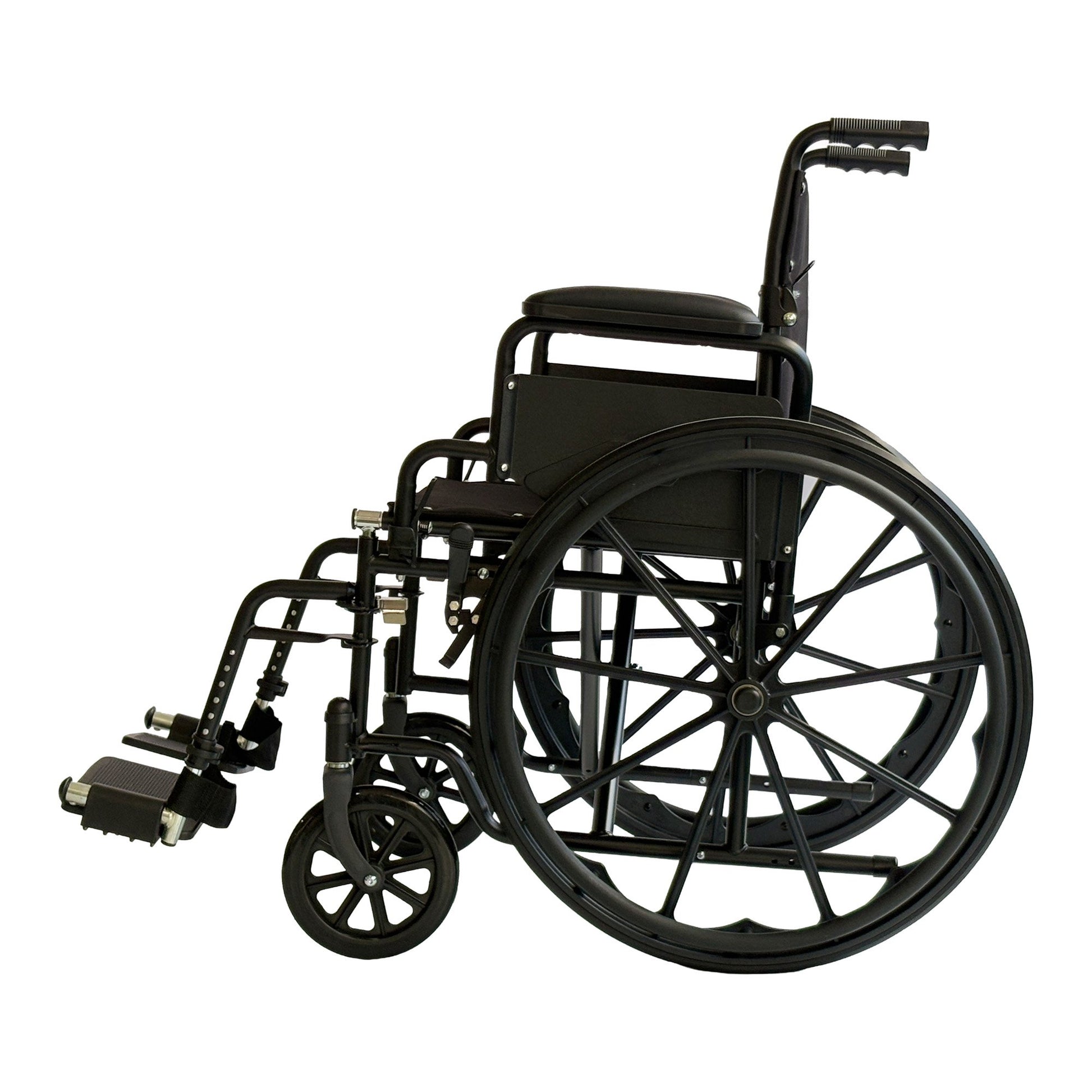 Black foldable Orthonica steel wheelchair with adjustable footrest, lightweight frame, portable disability aid, 24-inch wheels.