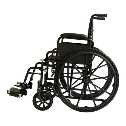 Black foldable Orthonica steel wheelchair with adjustable footrest, lightweight frame, portable disability aid, 24-inch wheels.