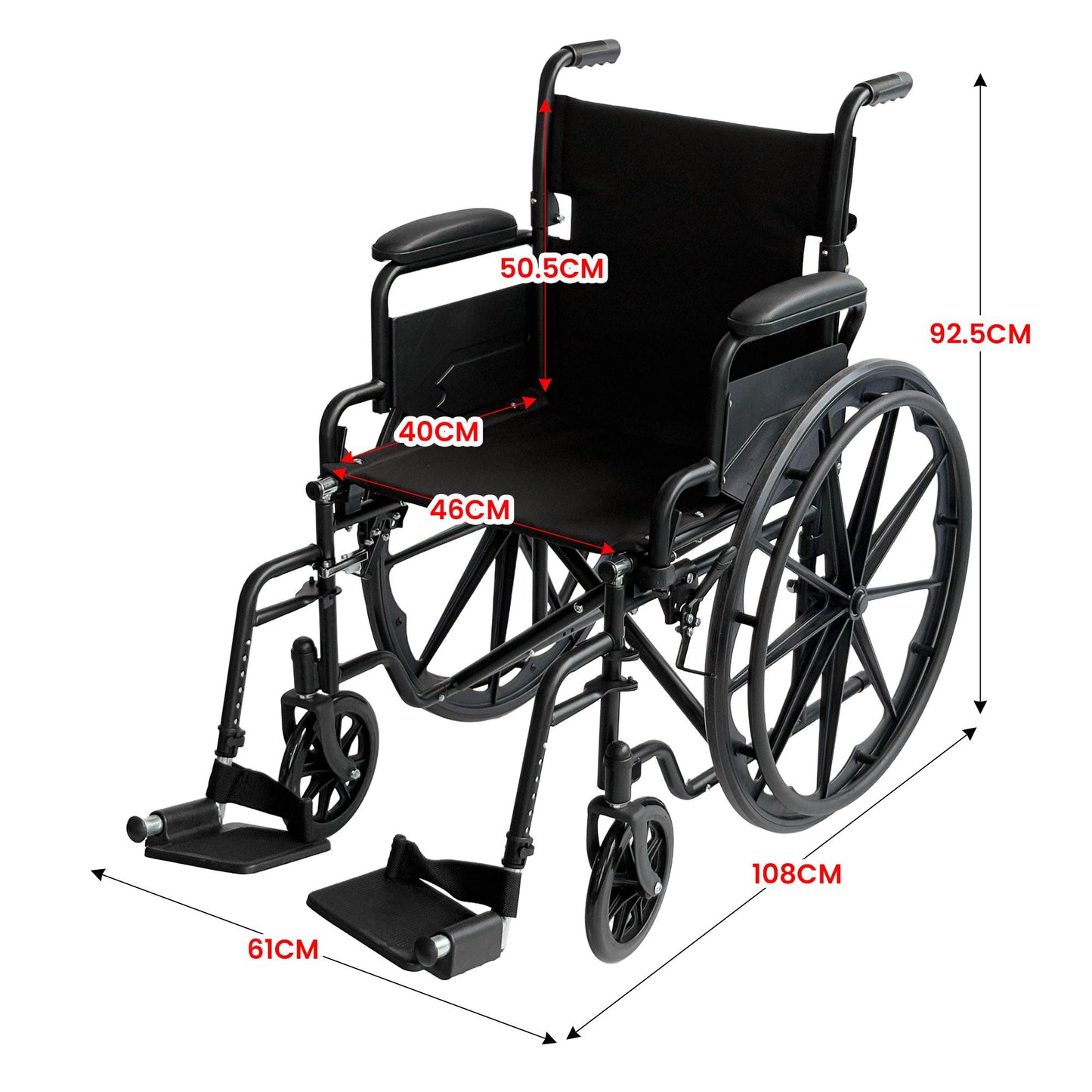 Black Orthonica steel wheelchair by Hlpmedical featuring foldable lightweight design, adjustable footrest, and durable steel frame.
