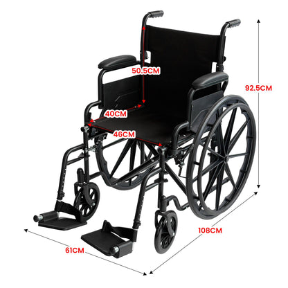 Black Orthonica steel wheelchair by Hlpmedical featuring foldable lightweight design, adjustable footrest, and durable steel frame.