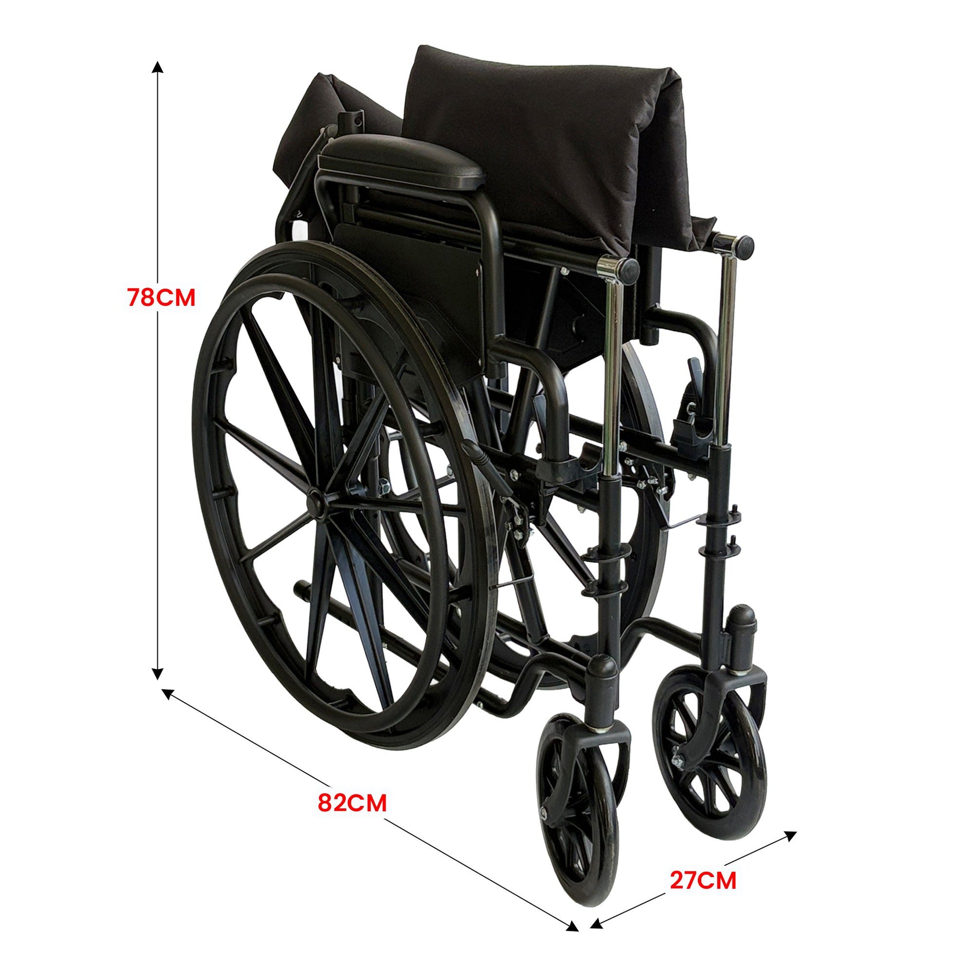 Black foldable steel wheelchair by Hlpmedical with adjustable footrest and lightweight design for mobility and accessibility.