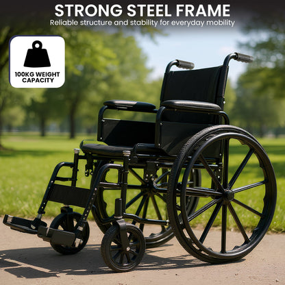 Black Orthonica steel wheelchair with foldable frame, 24-inch wheels, adjustable footrest, lightweight design for mobility aid.
