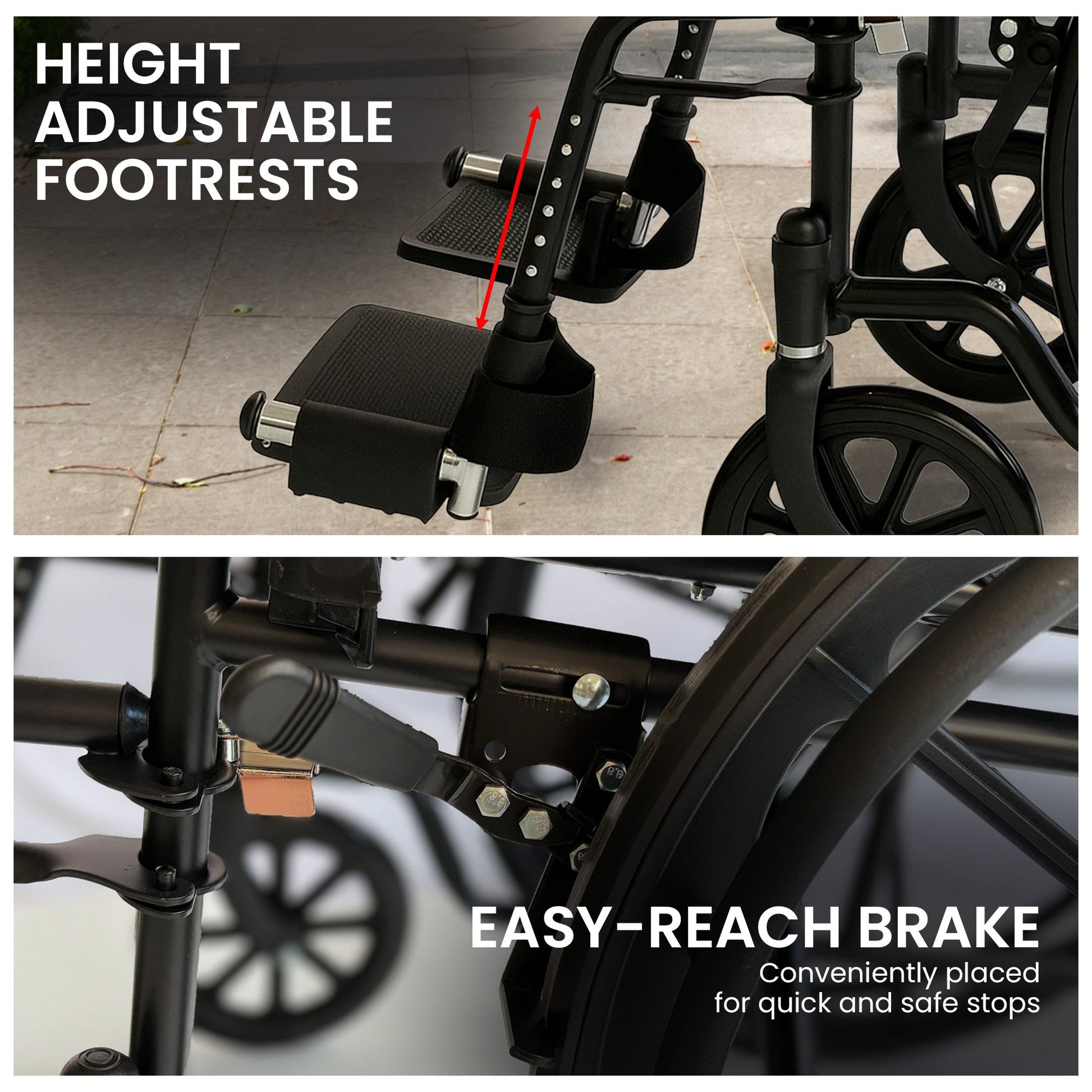 Black foldable Orthonica steel wheelchair with adjustable footrest, lightweight and portable for mobility and disability aid.