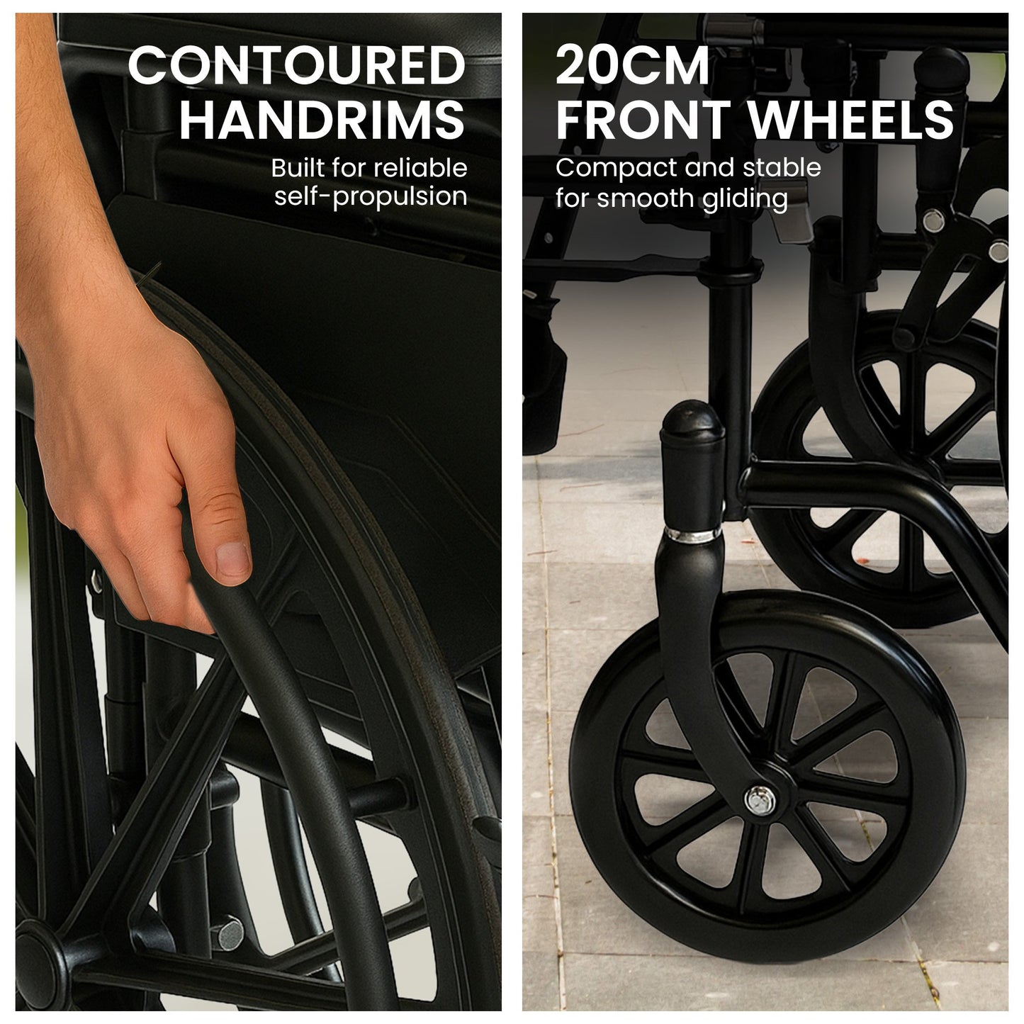 Black Orthonica steel wheelchair by Hlpmedical, foldable and lightweight with adjustable footrest and sturdy 24-inch steel frame.