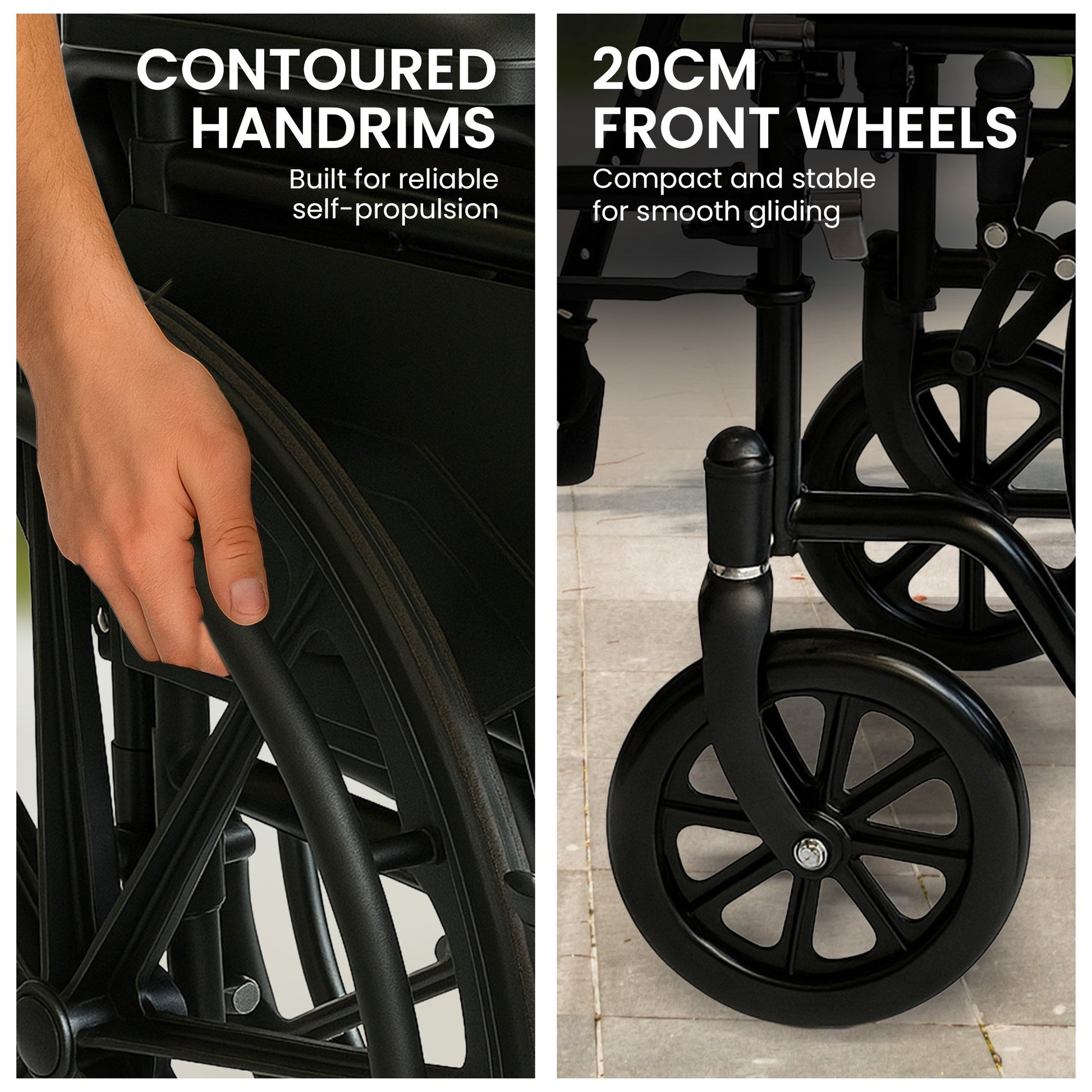 Black Orthonica steel wheelchair by Hlpmedical, foldable and lightweight with adjustable footrest and sturdy 24-inch steel frame.